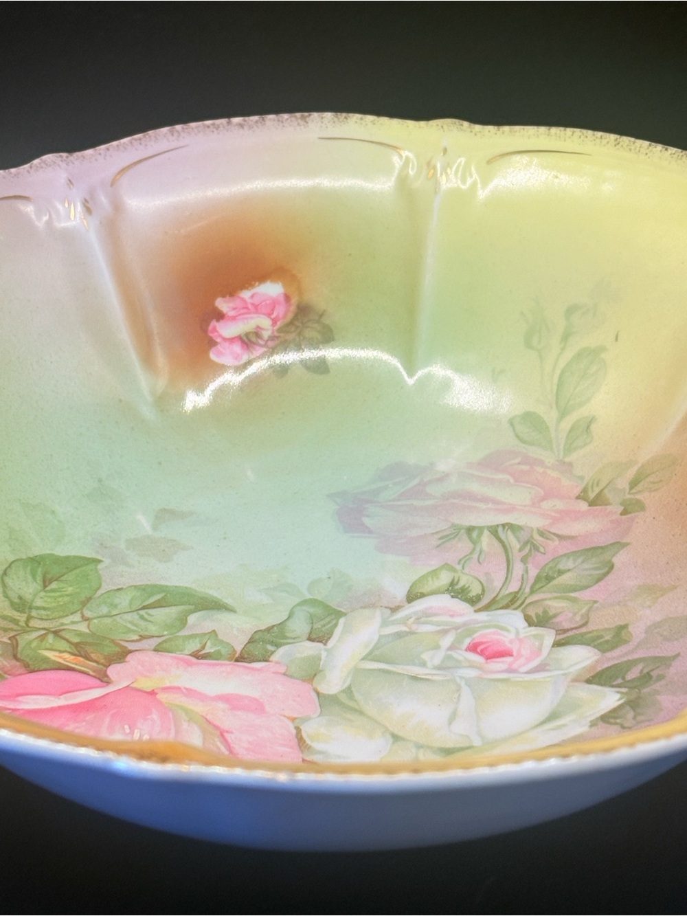 Vintage Germany Porcelain Rose Bowl 10” Pink Floral Scalloped Gold Trim